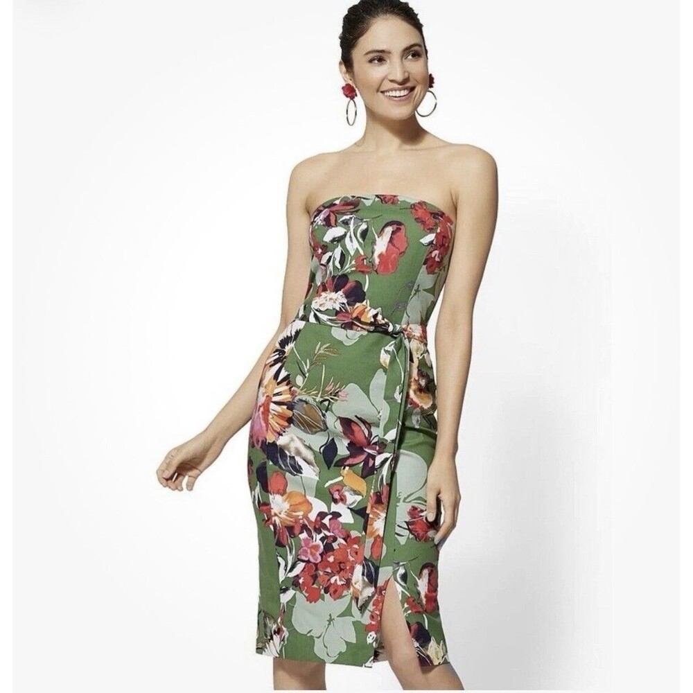 New York & Company Size 14 Green Floral Tropical Strapless Dress NWT
